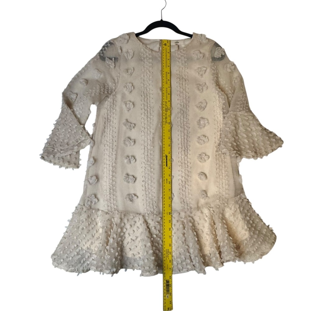 Entro Textured Bell Sleeve Dress Pom Pom Cream Short Mini Size S Boho Whimsical - Picture 7 of 10